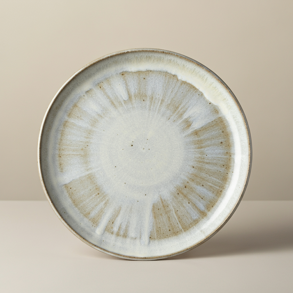 Front view of a plate with delicate white glaze striations eminating from the center.