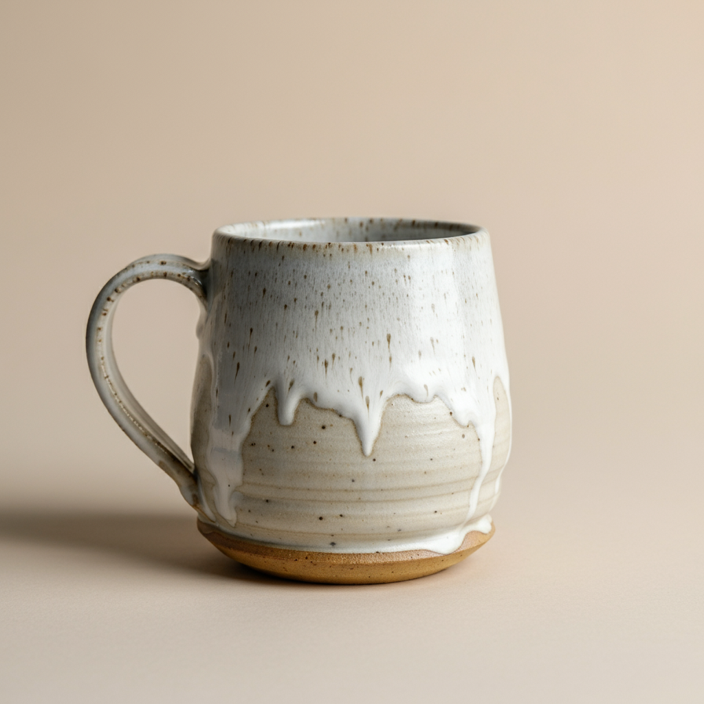 A mug with thick, glossy gray glaze dripping from the rim over a matte-gray base.