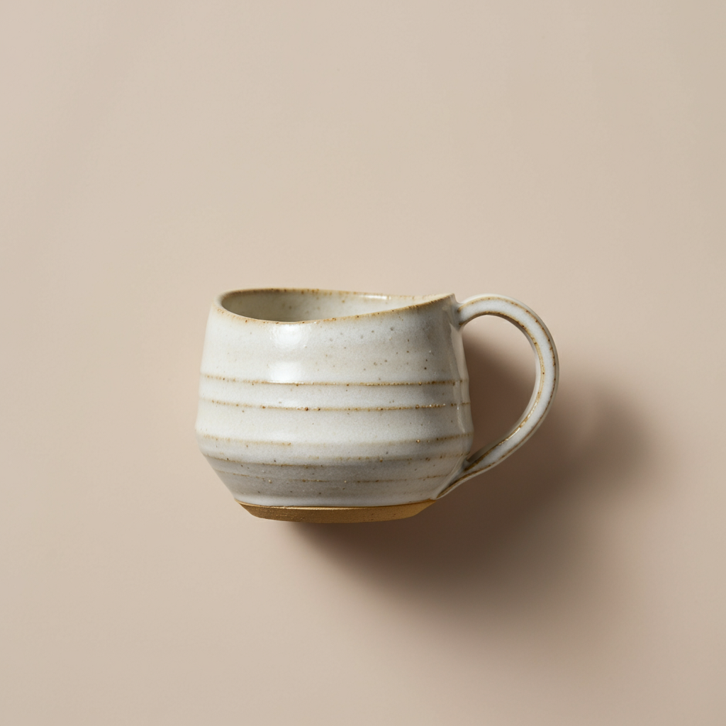 A delicate white-glazed mug with flowing striations.