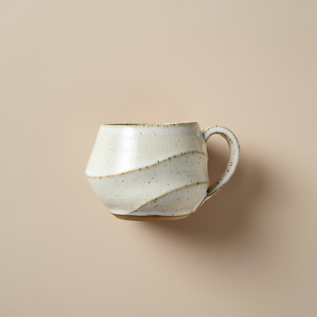 An irregularly-shaped mug with flowing diagonal ridges glazed in white.