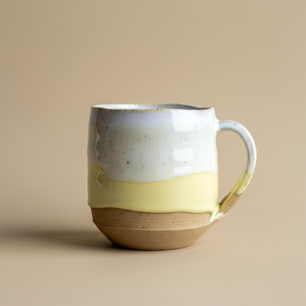 A mug with thick layers of yellow and white glazes.
