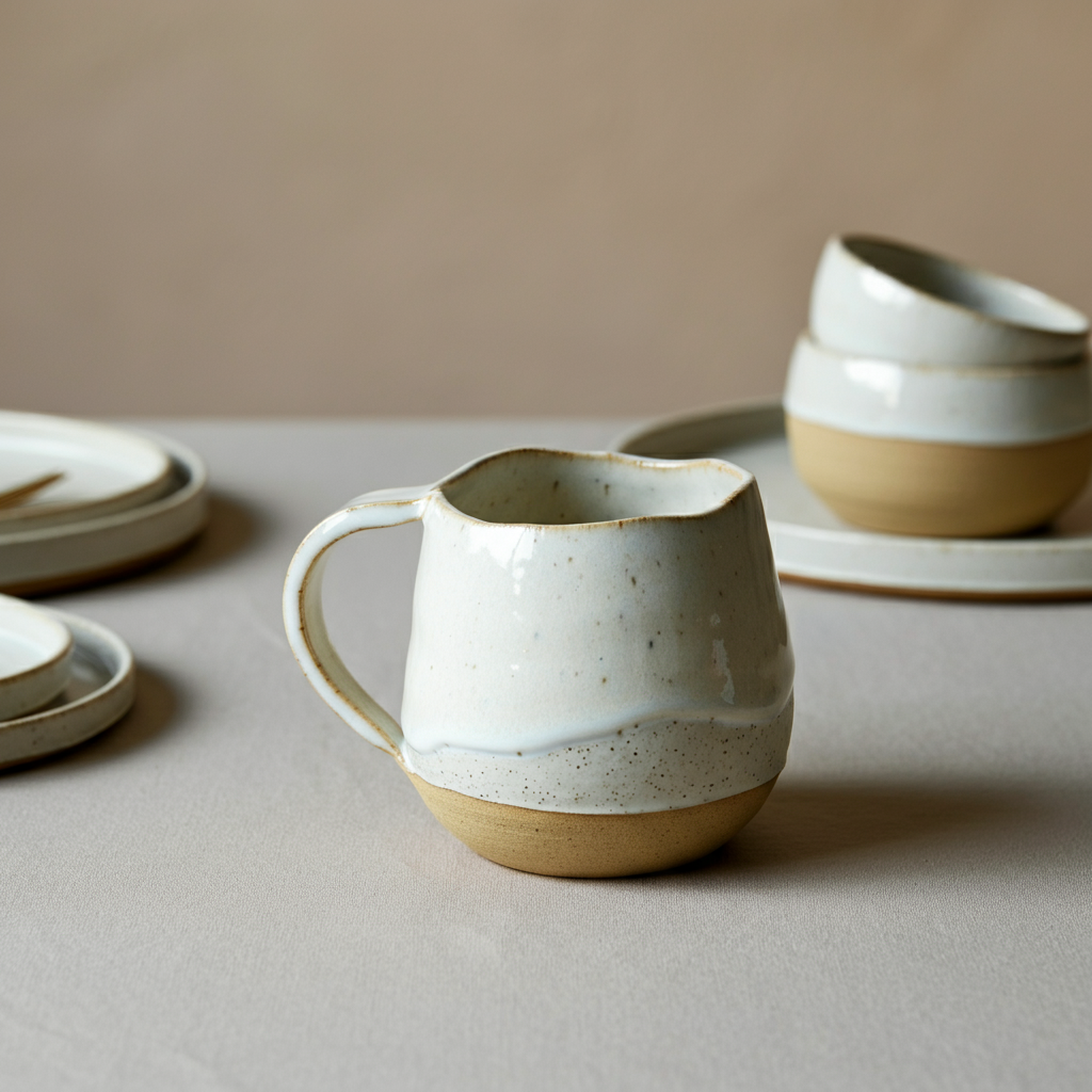 A mug with thick layers of white and gray glazes with an irregular rim.