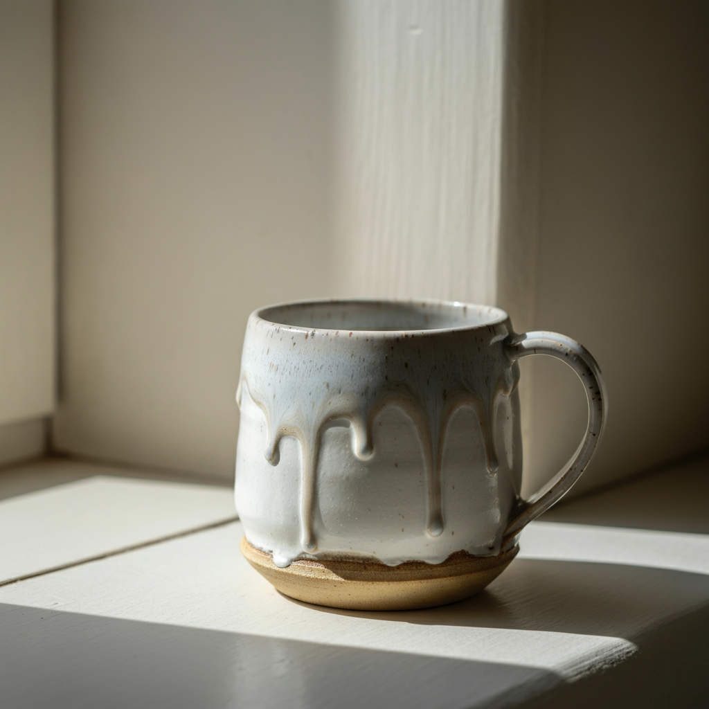 A mug with thick, glossy gray glaze dripping from the rim over a second layer of white glaze.