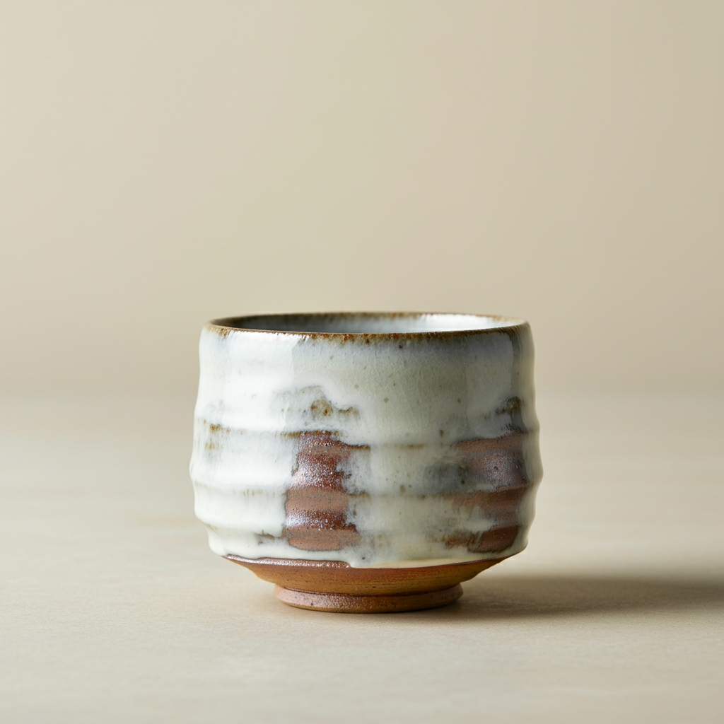 A brown tea cup with ridges dipped in an uneven coat of white glaze.