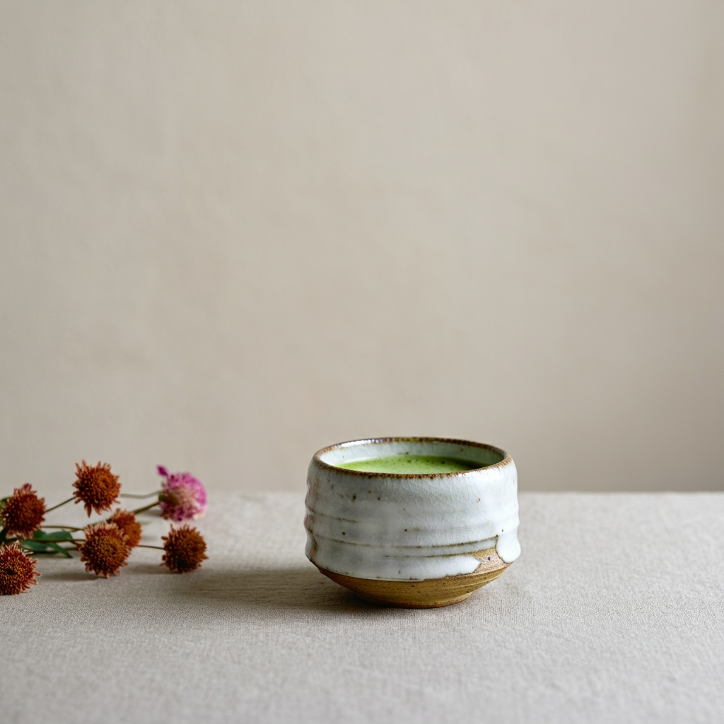 A brown tea cup with ridges dipped in a white glaze, filled with green matcha tea.