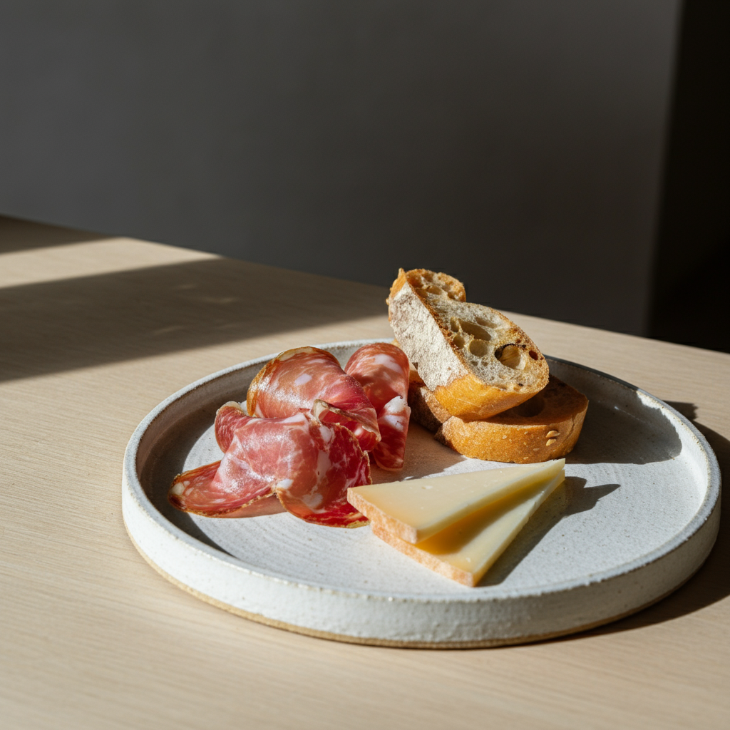 A charcuterie spread of meat, cheese and bread against a white glazed flat plate.