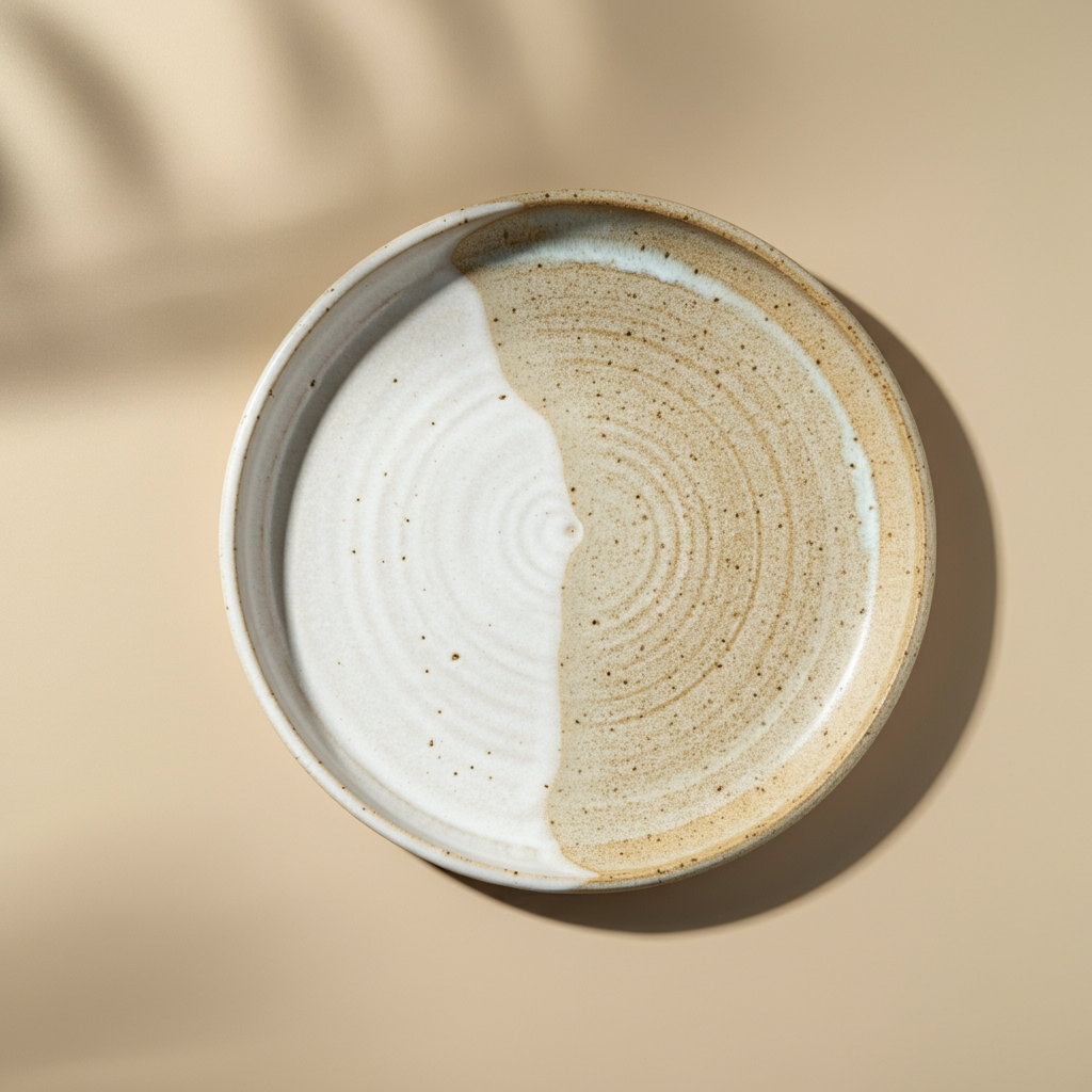 A brown ceramic plate that is half dipped in white glaze.