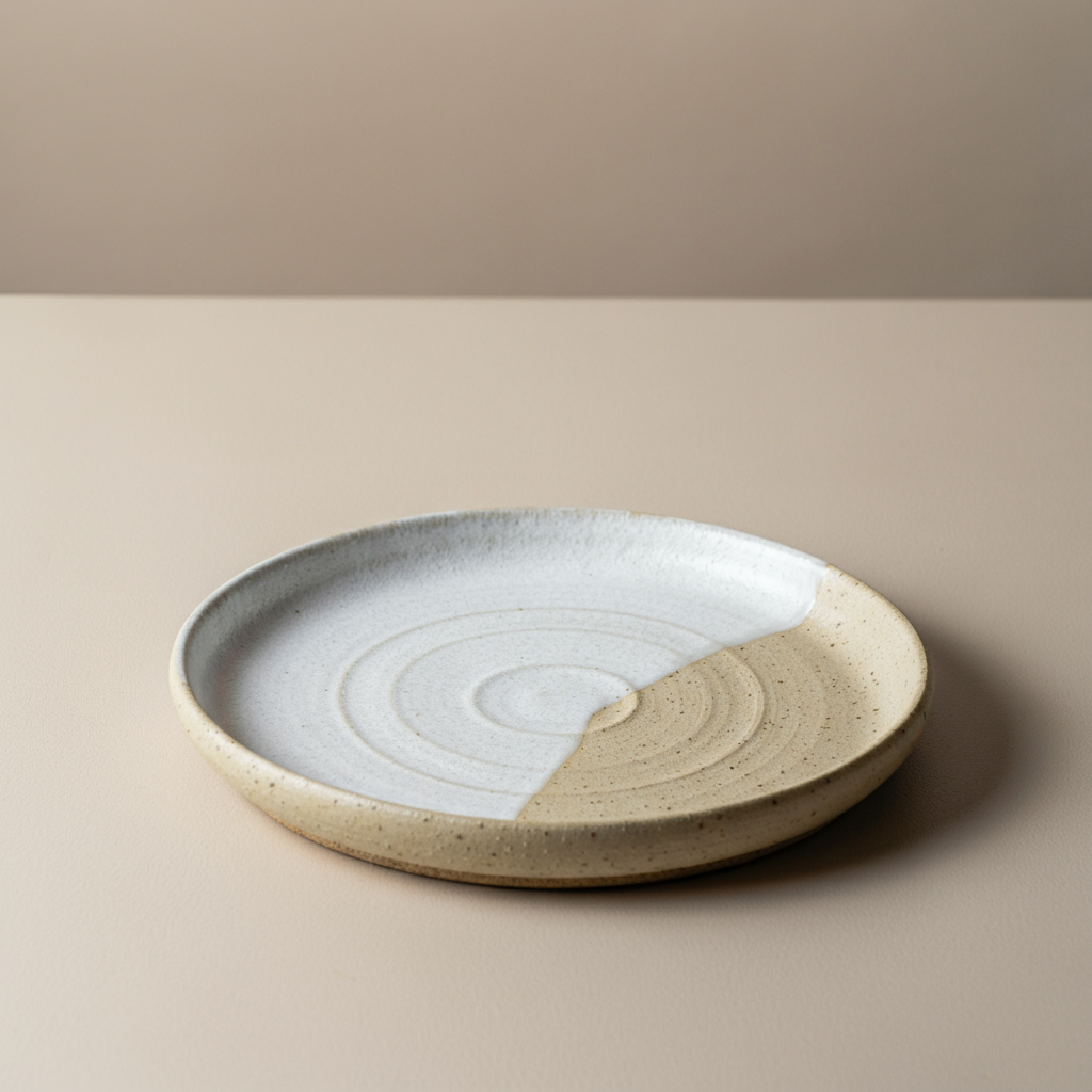 A flat-lay of a brown ceramic plate that is half dipped in white glaze.