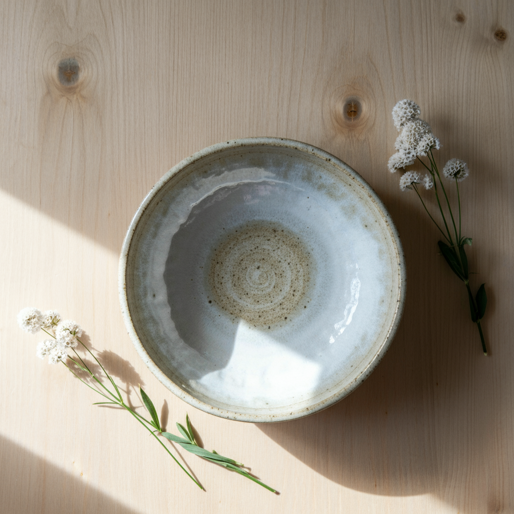 Birds eye view of a bowl with uneven transparent layers of white glaze, artfully arranged with florals in the sunlight.