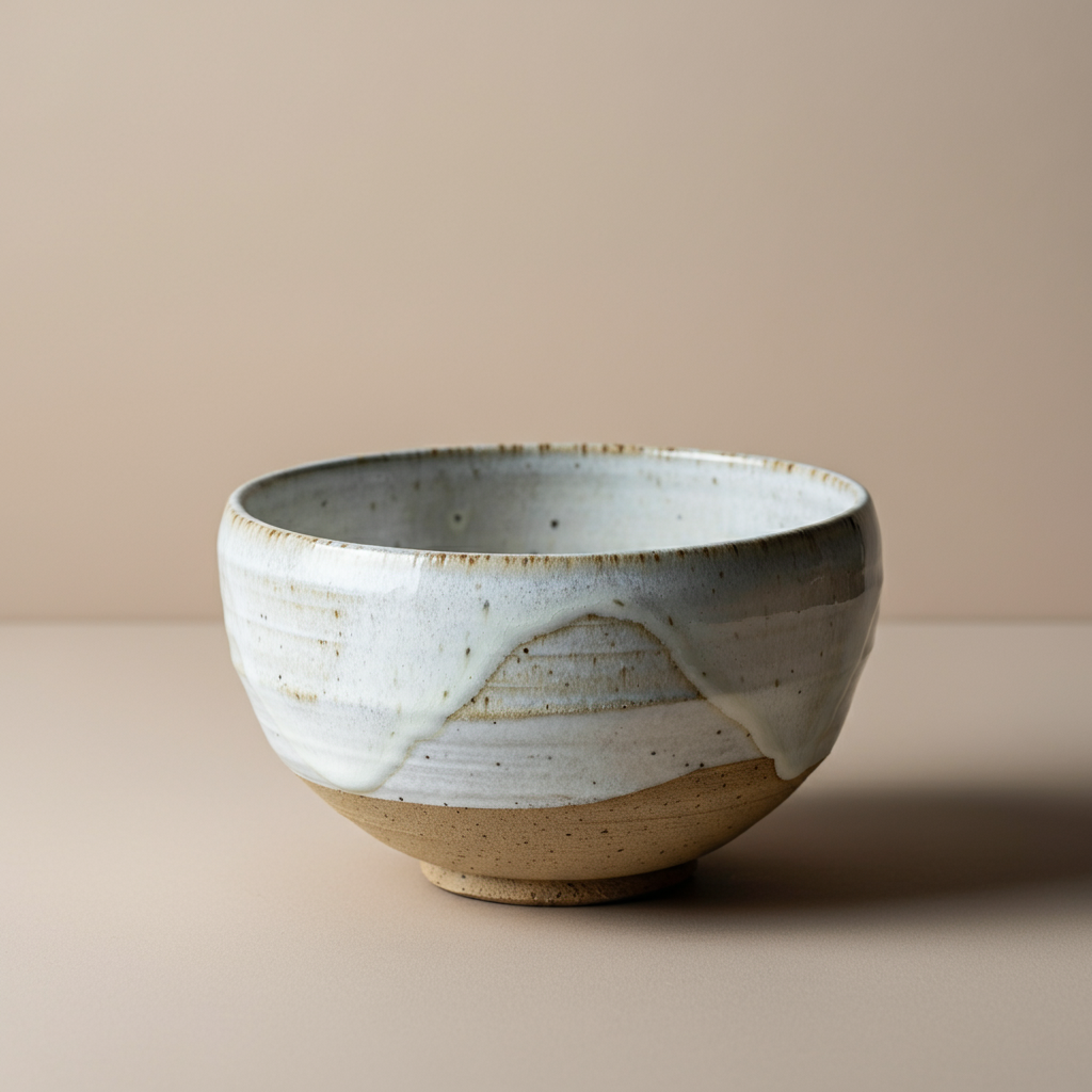 A bowl dipped in irregular layers of white glaze.
