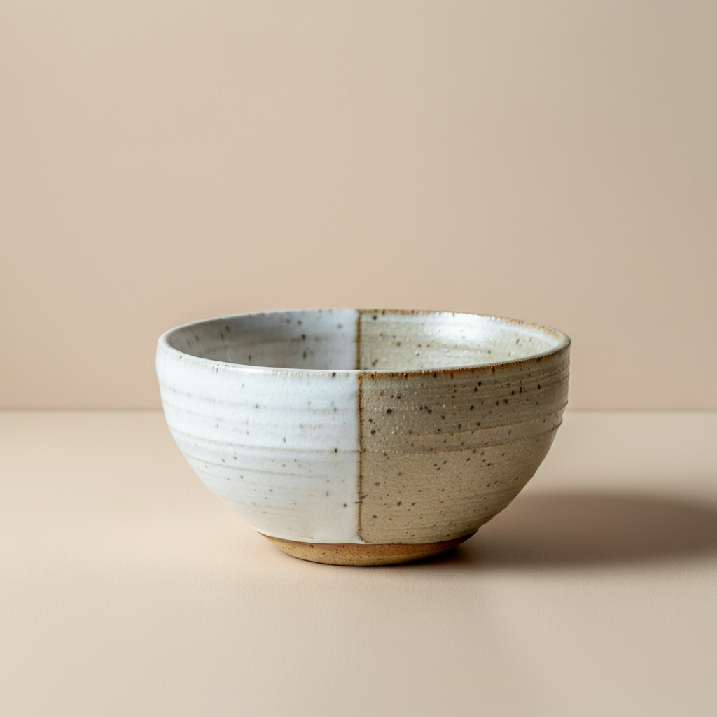 A bowl with a split glaze vertically down the middle, half white and half brown.