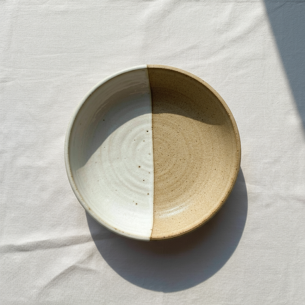Birds eye view ofa bowl that is half glazed in white, half unfinished in brown.