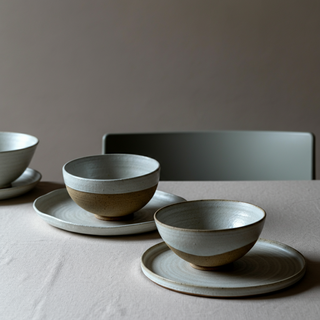Half white, half brown bowls on matching plates on a neutral brown tablecloth.