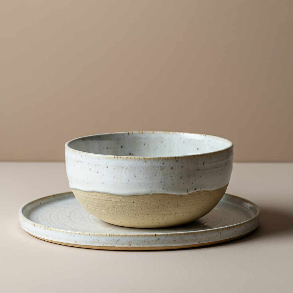A round bowl with a brown base dipped halfway in white glaze on a matching plate.