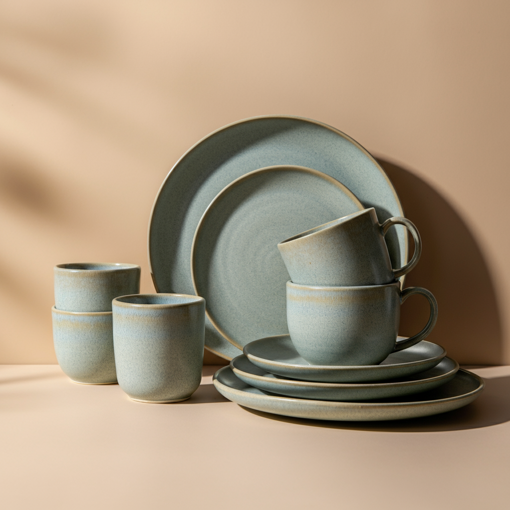 A stack of plates and mugs with a transparent turquoise glaze, brown tones peeking through.