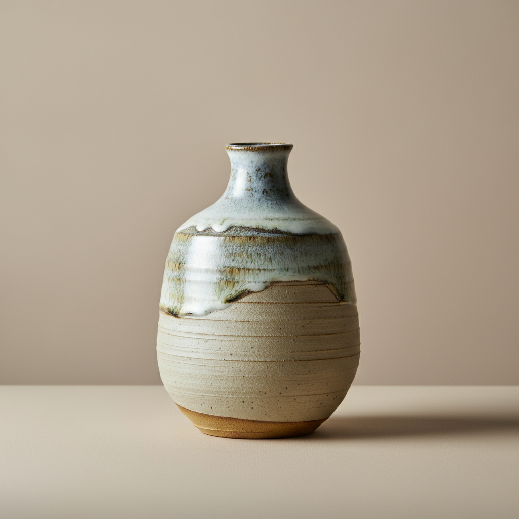 A rounded pot with an elegant thin neck. The glaze is applied in sveral layers, thick and glossy on the top, matte and unfished on the bototm.