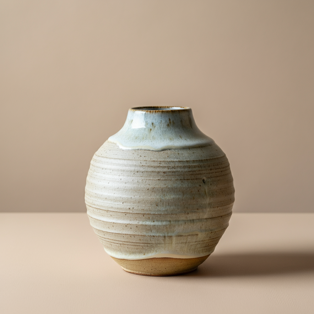 A rounded pot with short neck. The green-gray glaze is applied in three distinct layers, thick and glossy on the top, translucent over the middle. The pot is left unfinished on the bottom.