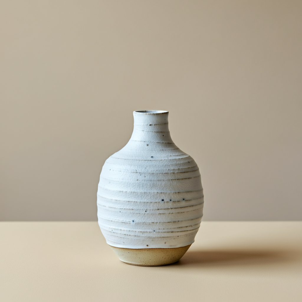 A rounded pot with an elegant thin neck with a matte white glaze with blue flecks.