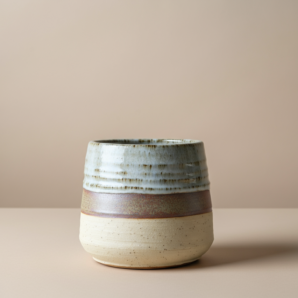 A short, squat pot with three horizontal bands of color. Green-white glossy glaze on top, brown and matte in the middle, cream and unfinished on the bottom.