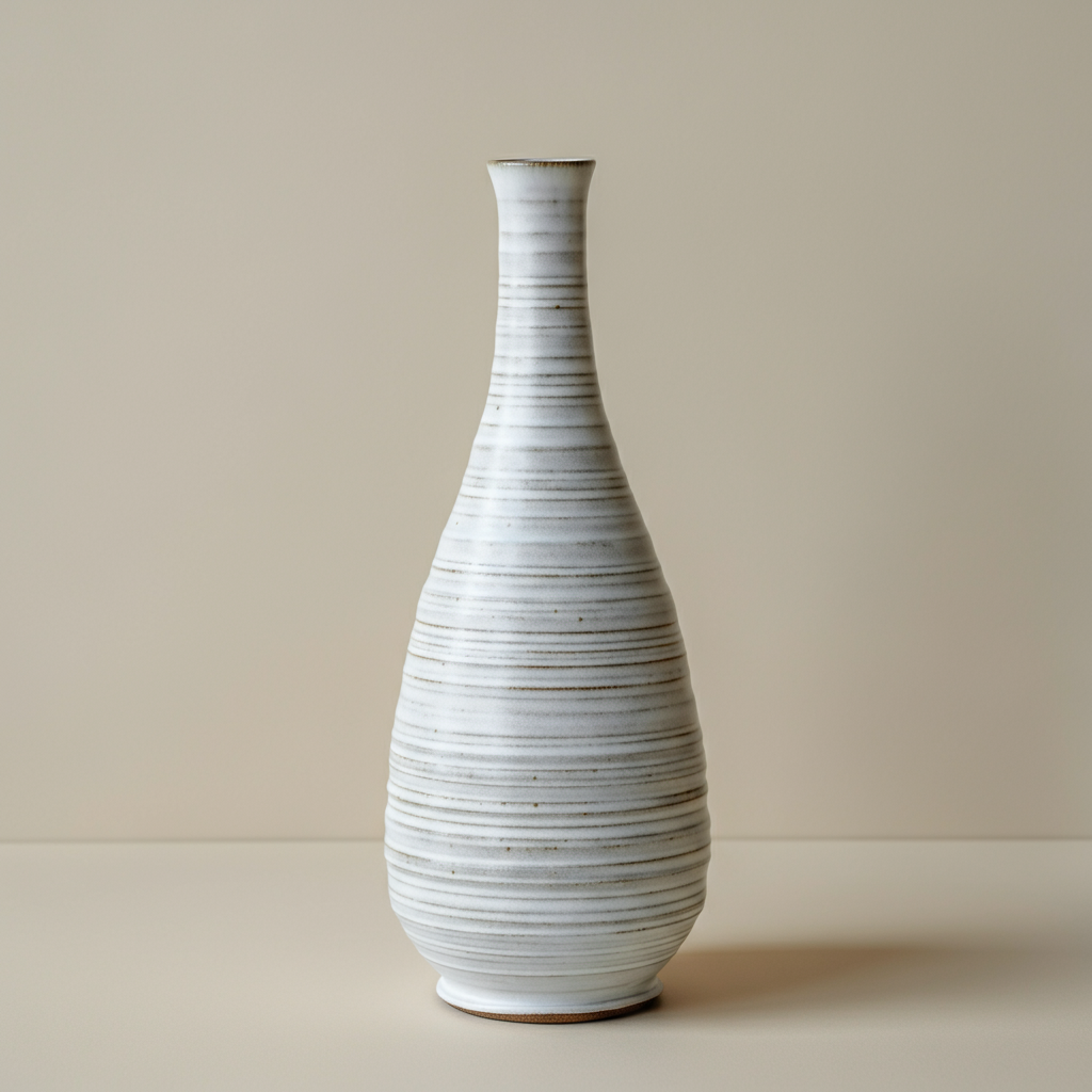 A tall, ridged vase with a long tapered neck with a white glaze.