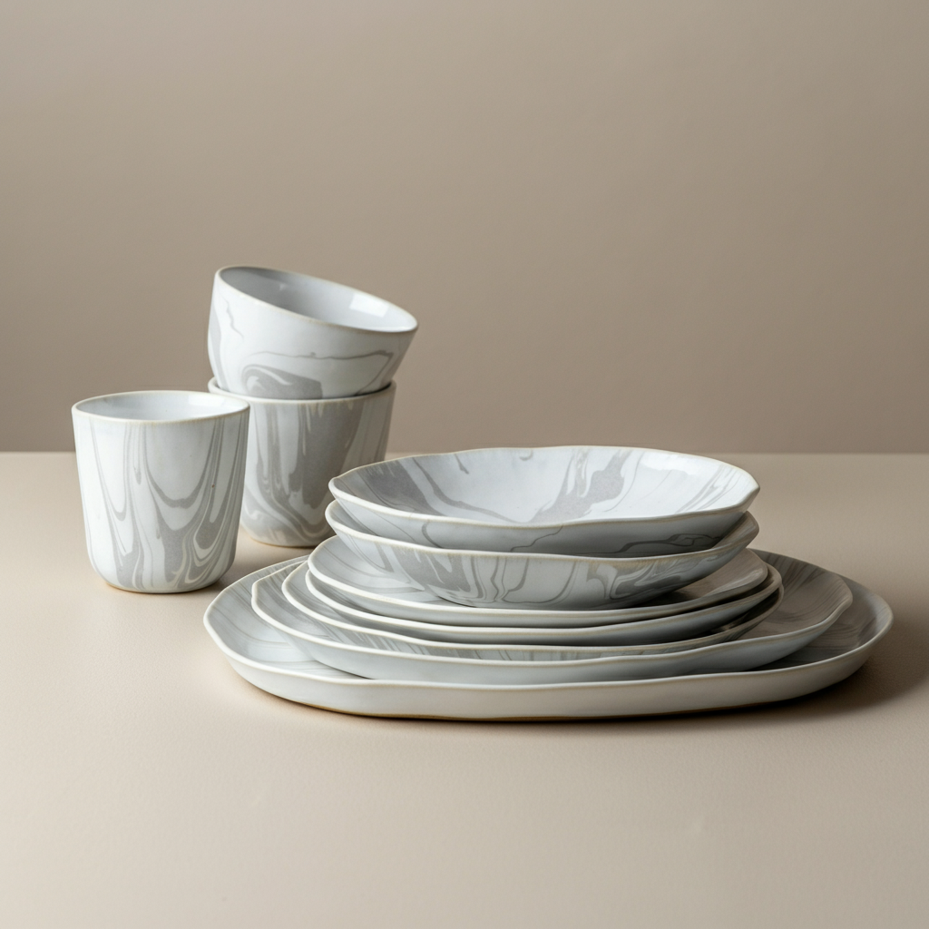 A stack of various irregularly-sized plates and tea cups that are white with light grey marble striations.