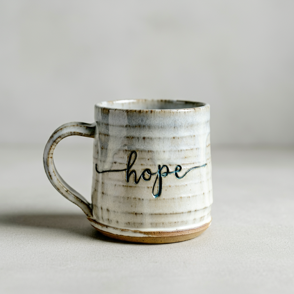 Brown ceramic mug ridged with a rustic offwhite glaze. The word Hope is embossed on the mug.