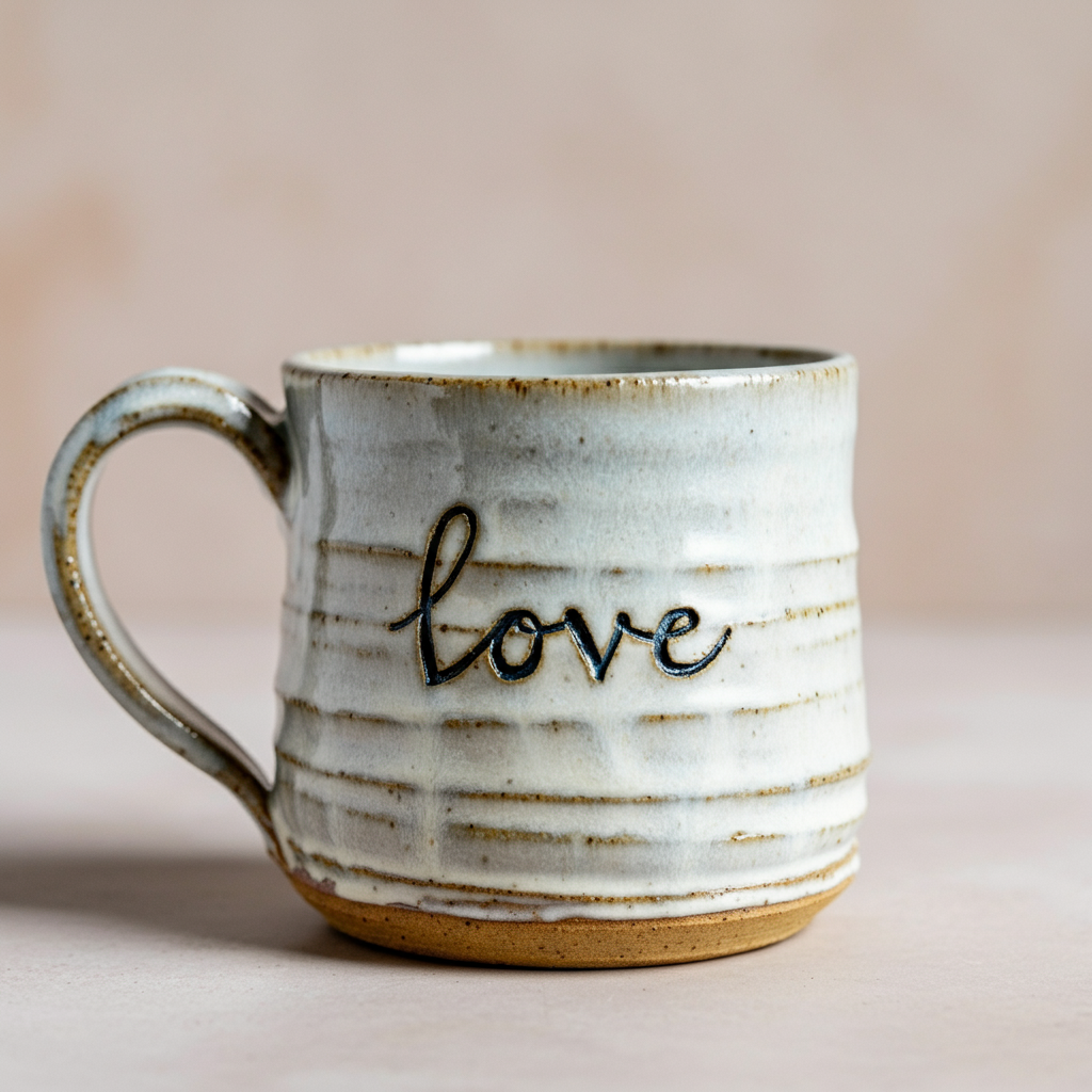 Brown ceramic mug ridged with a rustic offwhite glaze. The word Love is embossed on the mug.