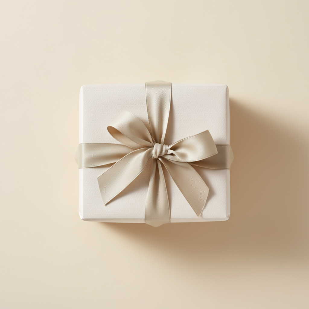 Beautifully wrapped cream box against a warm white background.