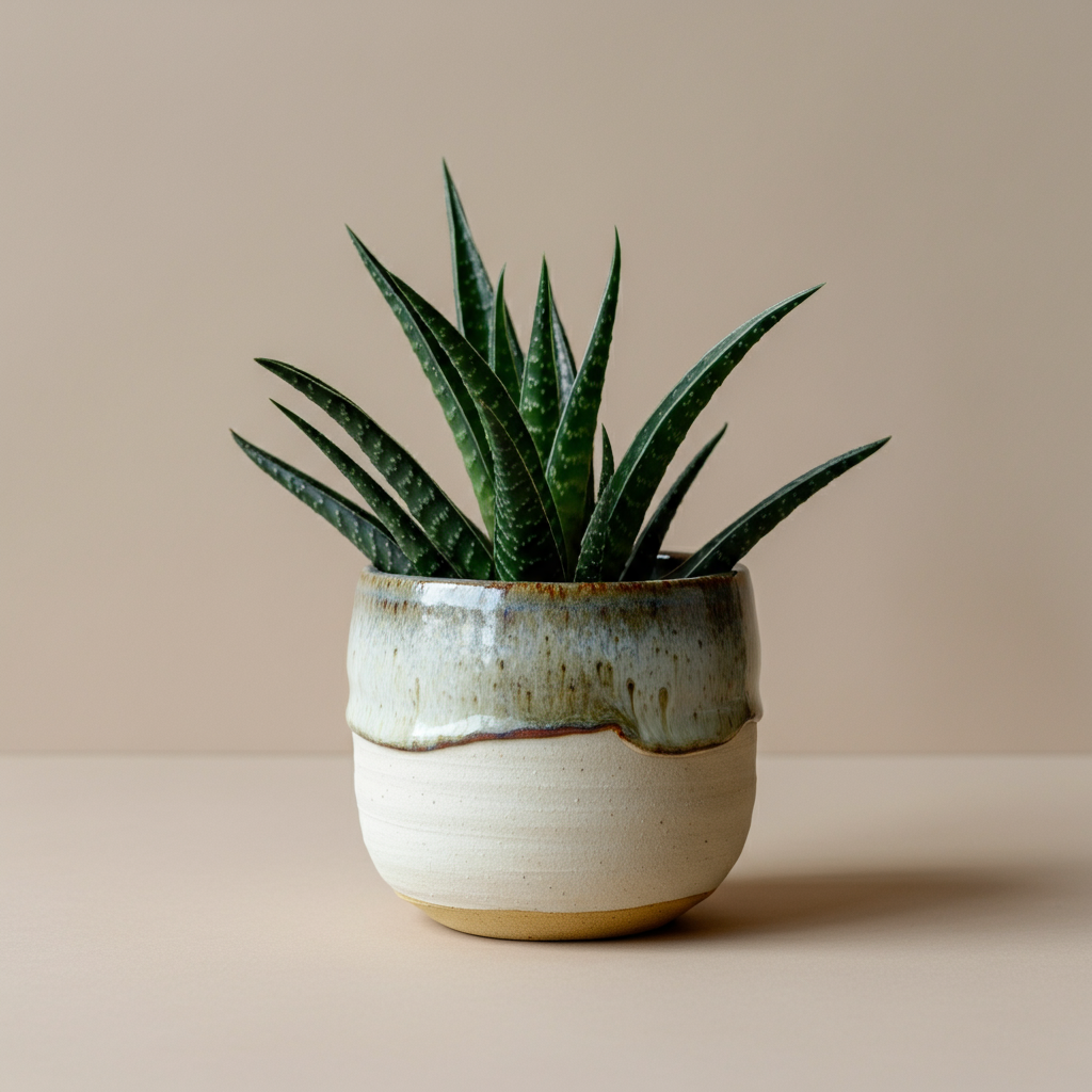 A short, squat pot with two horizontal bands of color, a green-brown glossy glaze on top over  cream matte bottom.